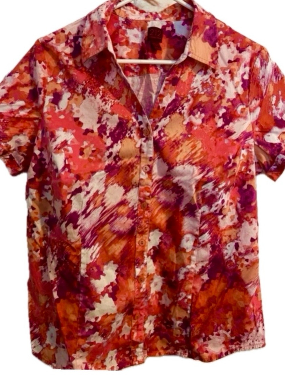 212 Collection Watercolor Abstract Button Up Stretch Blouse Pink Orange size XL